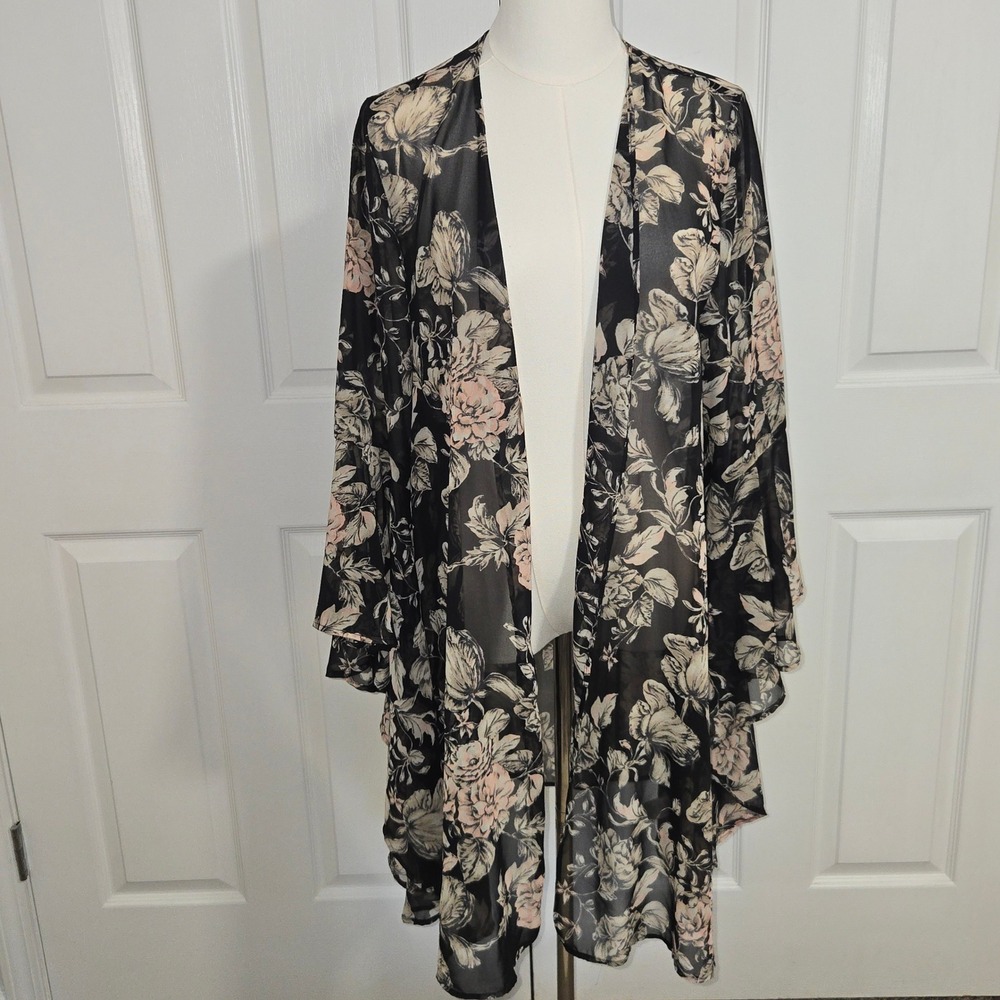 Easel Floral Kimono Wrap Womens Large Black Pink Sheer Chiffon ET8416-1